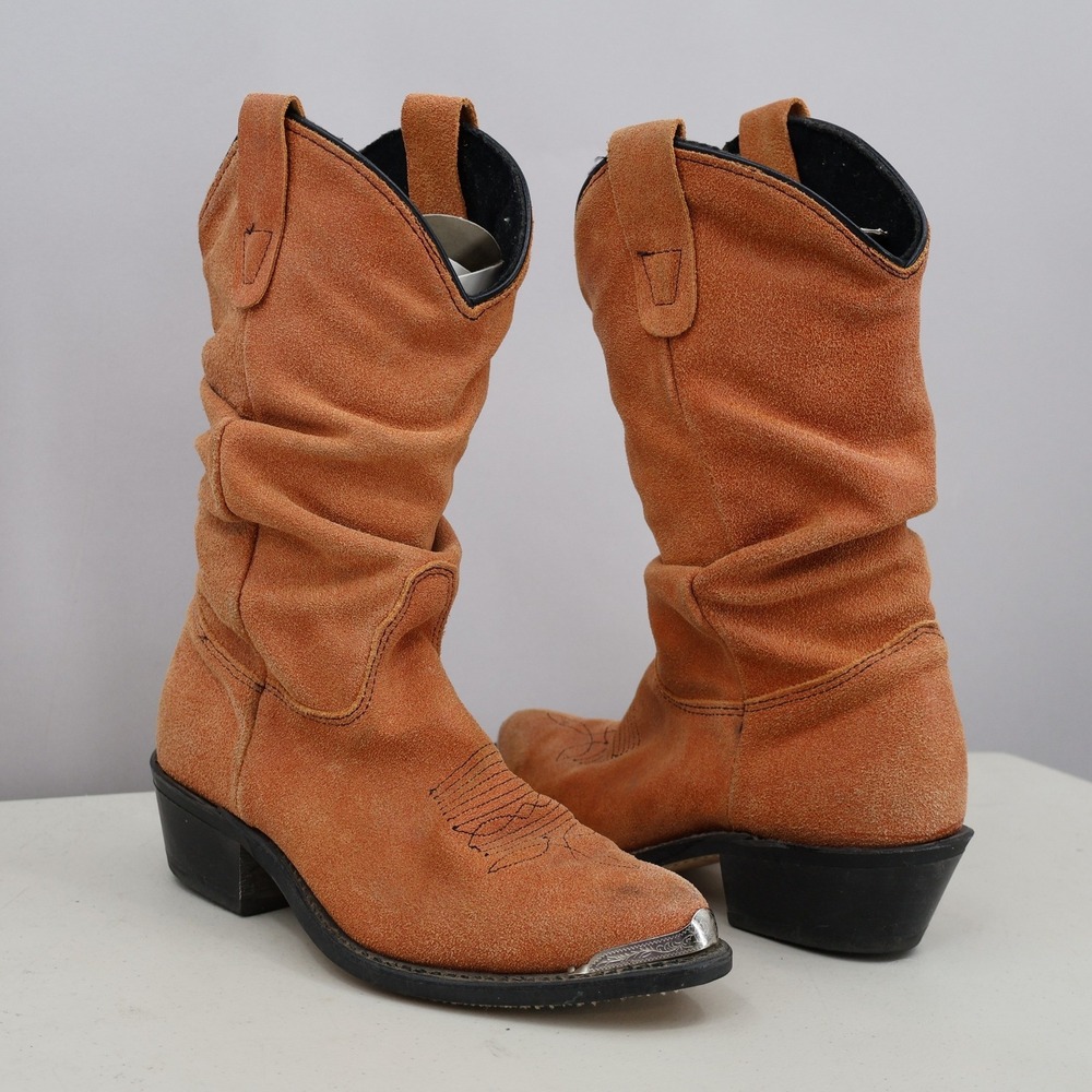 Double H Suede Slouch Cowboy Boots Women 6.5 Tan Orange Metal Tip Western Boho
